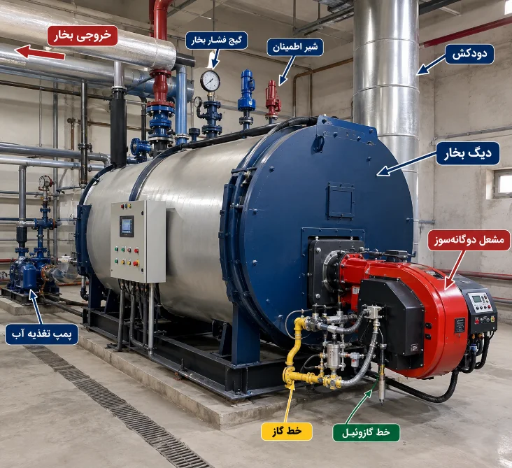 دیگ بخار و مشعل در موتورخانه